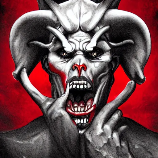 Image similar to the _ devil _ holding _ a _ skull _ red _ horns _ ominous _ fiery _ background _ symmetrical _ detailed _ face _ despair _ highly _ detailed _ high _ resolution _ sandro _ botticel