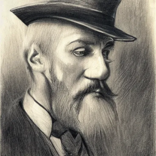 Prompt: charcoal portrait of an early 20th century old austrian gentleman, hat, beard