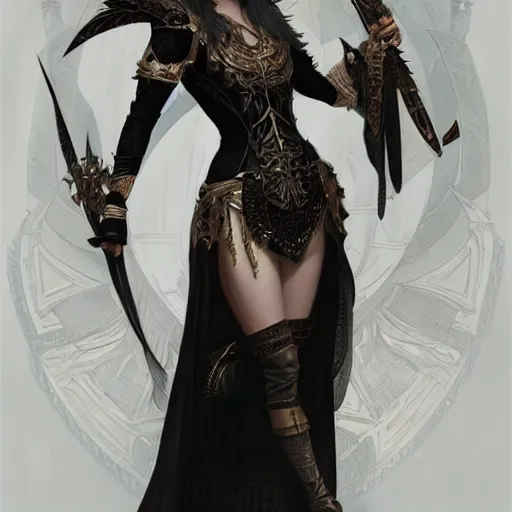 Image similar to freya allen wearing a black desert online sorceress outfit, intricate, elegant, highly detailed, digital painting, artstation, concept art, smooth, sharp focus, illustration, art by artgerm and greg rutkowski and alphonse mucha