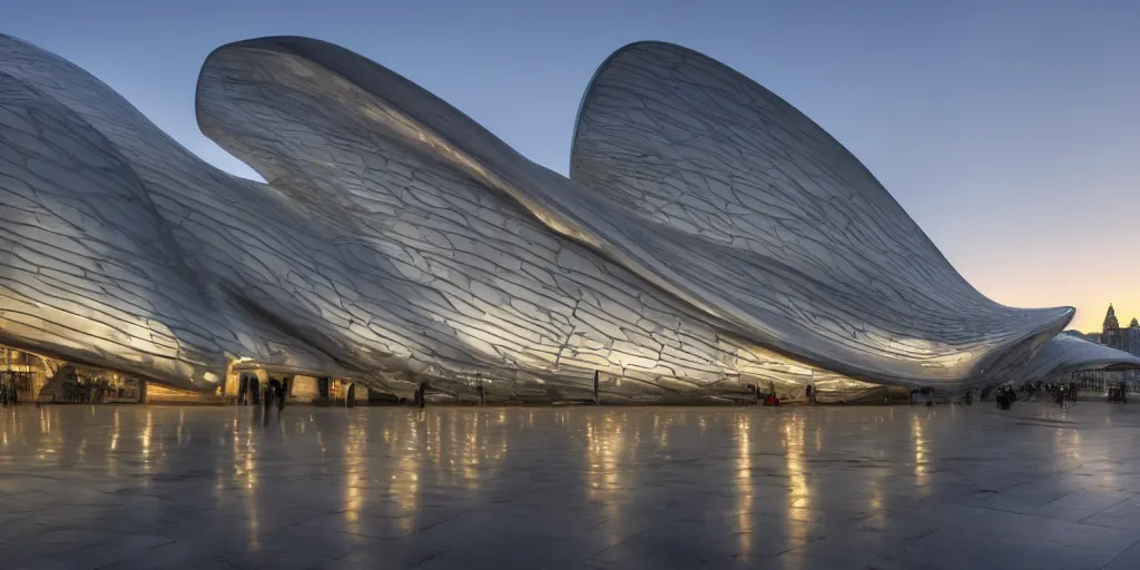 Image similar to extremely detailed ornate stunning sophisticated beautiful elegant futuristic museum exterior by Zaha Hadid, Milan buildings in the background, smooth curvilinear design, stunning volumetric light, stainless steal, concrete, translucent material, beautiful sunset, tail lights