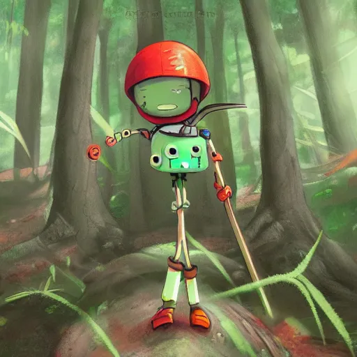 Prompt: cute robot with grass hair, tomato hat and a walking stick, trekking in a forest, made in abyss art style, standing on a forest