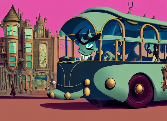 Image similar to matte sharp painting, a steampunk bus, juxtapoz, artforum, gary baseman, preston blair, tex avery, dan mumford, pedro correa