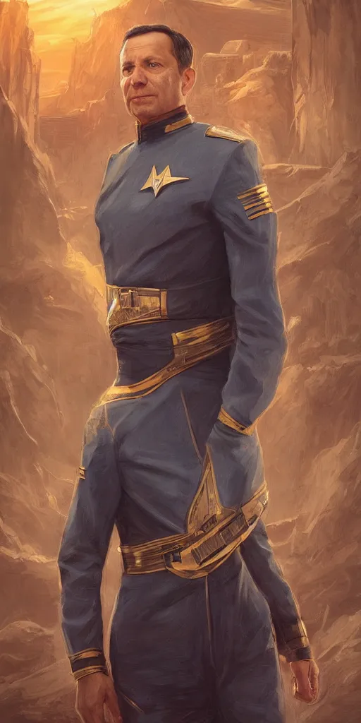 Prompt: portrait of Senator Mark McGowan wearing his starfleet captains uniform, realistic character concept, high fantasy, light atmosphere, golden ratio, cinematic lighting, hyperdetailed, high resolution, insanely detailed and intricate, artstation, Marc Simonetti, Greg Rutkowski