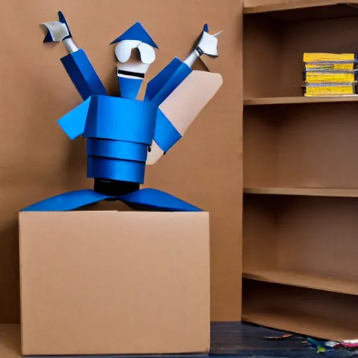 Image similar to cardboard boxman with cardboard armor, wielding a cardboard sword inside a kitchen, cabinets, stove