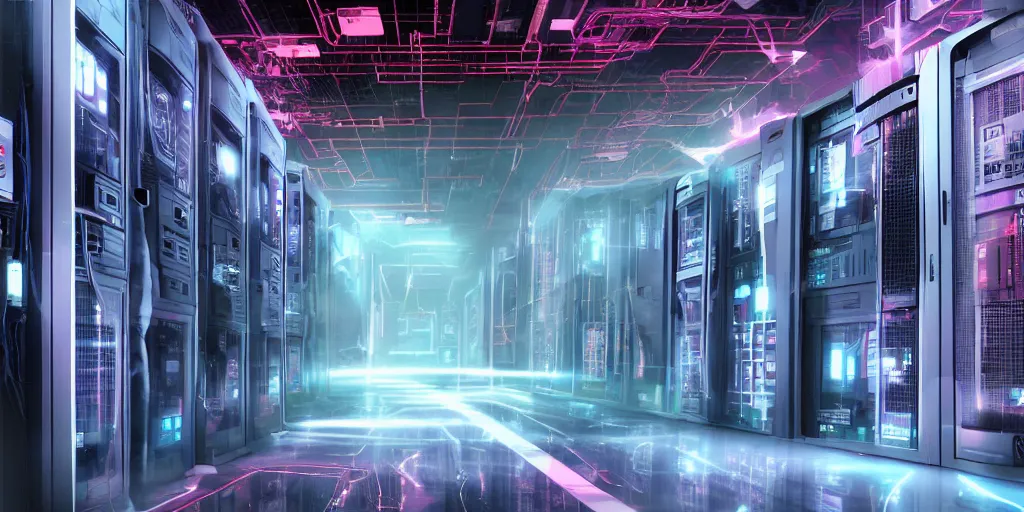 Image similar to retro robot in data center server palace high details shot cyberpunk retrowave shot from michael bay movie