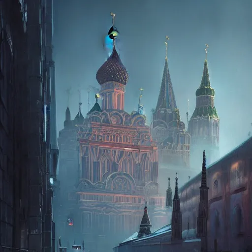 Image similar to Cyberpunk Churches Kremlin Moscow by Greg Rutkowski