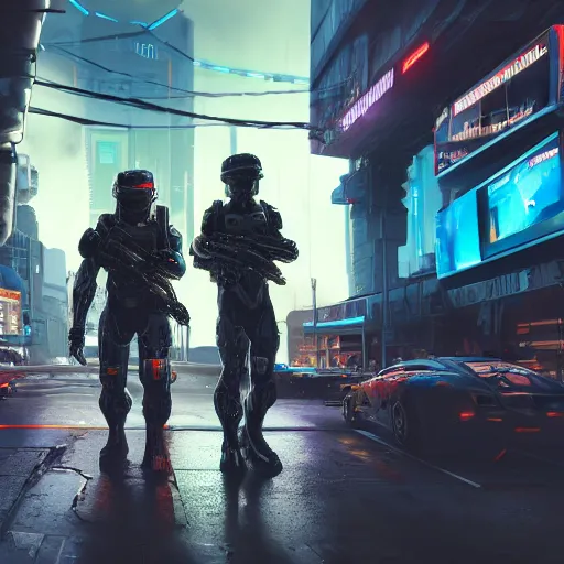 Prompt: close view matte painting of a modern soldier in halo helmet, holding machine gun in right hand, cyberpunk city and huge mechanical bridges on the background, rainy night, neon glow, concept art, smooth, sharp focus, cyberpunk 2077, neuromancer, scifi, photorealistic, octane render, 8k