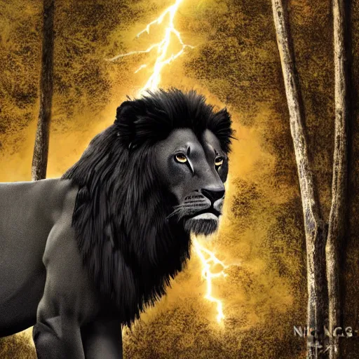 Prompt: portrait of a black lion with gold lightnings in the fur in the middle of the forest , concept art, huge scale, photorealistic, high details by Nick Nichols