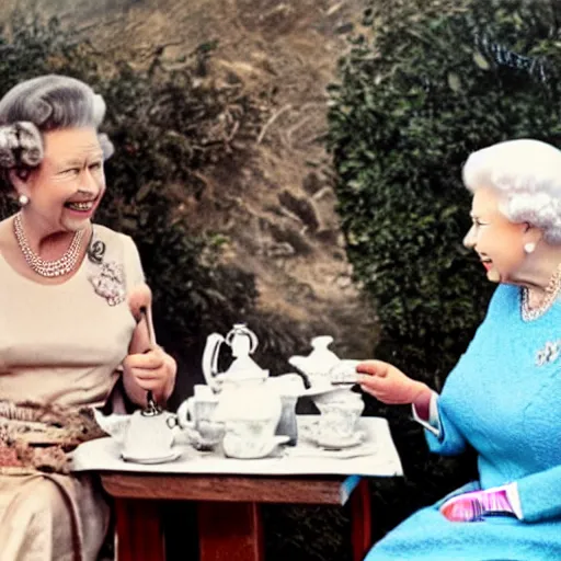 Image similar to photo of queen elizabeth having tea with a caveman