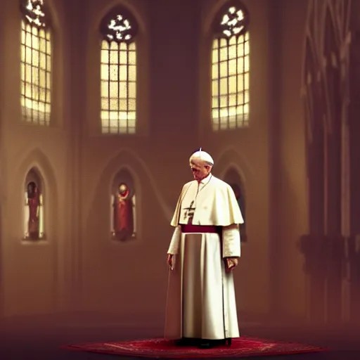 Image similar to pope benedict xvi standing in a curch, digital painting, greg rutkowski, artstation, cinematic, matte painting