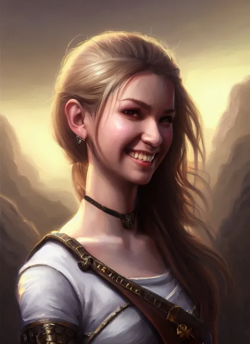 Image similar to a _ fantasy _ style _ portrait _ painting _ of white girl, dark ponytail hair, smiling, round face, rpg dnd oil _ painting _ unreal _ 5 _ daz. _ rpg _ portrait _ extremely _ detailed _ artgerm _ greg _ rutkowski _ greg