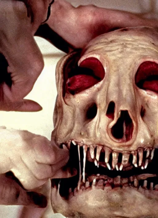 Image similar to horror practical fx of an a dismembered human head with crooked teeth in the middle of a room by dario argento and david cronenberg 1 9 7 0