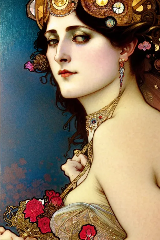 Prompt: realistic detailed face portrait of Mata Hari as The Goddess of Precious Jewels by Alphonse Mucha, Ayami Kojima, Yoshitaka Amano, Charlie Bowater, Karol Bak, Greg Hildebrandt, Jean Delville, and Mark Brooks, Art Nouveau, Pre-Raphaelite, Neo-Gothic, gothic, Art Nouveau, intricate fine details, exquisite, rich deep moody colors, beautiful detailed background