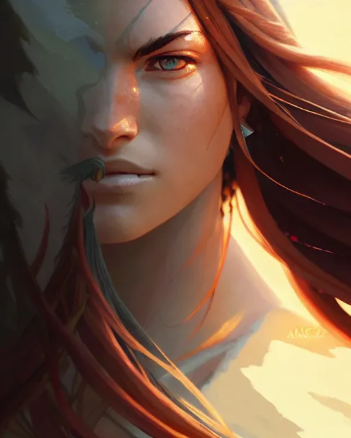 Image similar to azctec warrior, megan fox, detailed perfect face, exquisite details, fire magic, mid view, design on a white background, by studio muti, greg rutkowski makoto shinkai takashi takeuchi studio ghibli