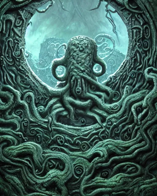 Prompt: highly detailed rendering of a lovecraft eldritch horror ghost realm portal doorway, with cthulhu with wings beckoning in the center, surrounded by swirling mists, portal is in the center of an old mossy cobblestone wall covered in ancient runes, greg rutkowski, photorealistic vivid 8 k resolution