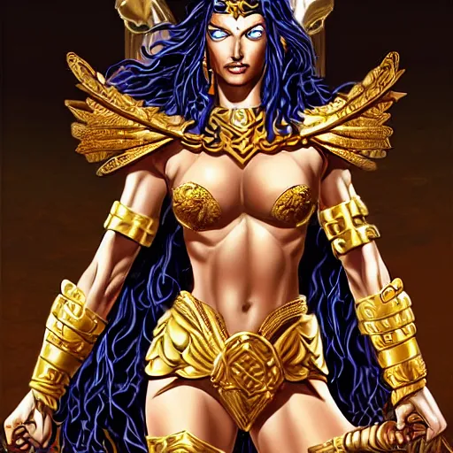 Image similar to greek amazon warrior, a tall beautiful dignified woman with bronzed skin, long raven hair and golden dressed in hellenistic greek armour, symmetrical face, detailed features, intricate, elegant, highly detailed, smooth, sharp focus, detailed face, high contrast, graphic novel, art by michael choi and joe madureira,