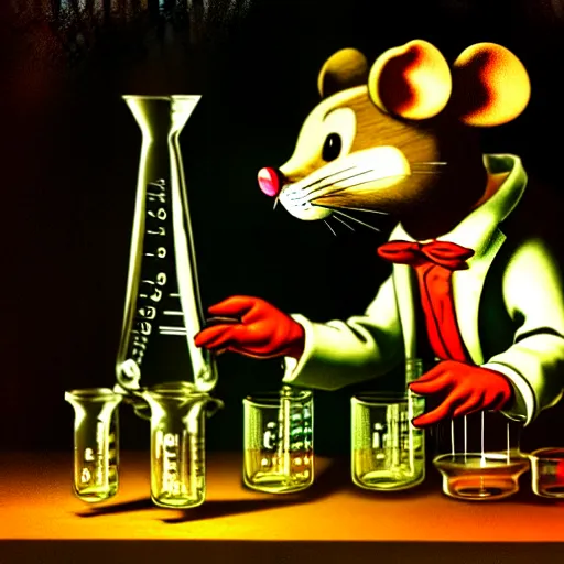 Prompt: a gentleman mouse performing a chemistry experiment with radioactive beakers, surrounded by glassware, very realistic, chiaroscuro, renaissance art, intricate textures