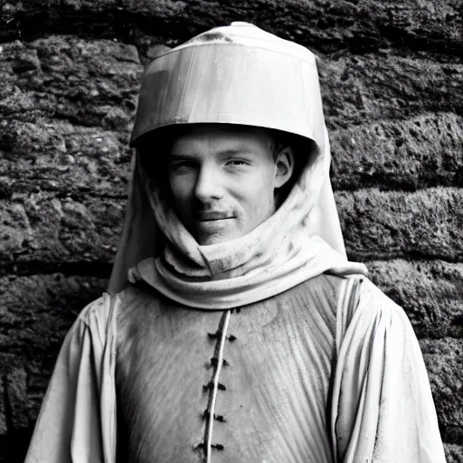 Image similar to Medieval squire with medieval clothes. Standing in the mud. Face closeup. Black & White photo.