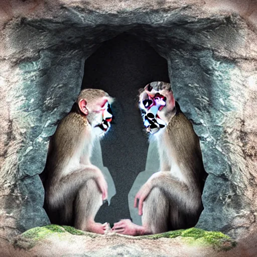 Image similar to two macaques looking at each other inside ancient cave, digital art, soft shadows, creepy art, flare effect