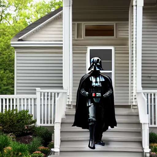 Prompt: darth vader is walking up the front walk of a chicago bungalow at night, menacing mood, dark lighting