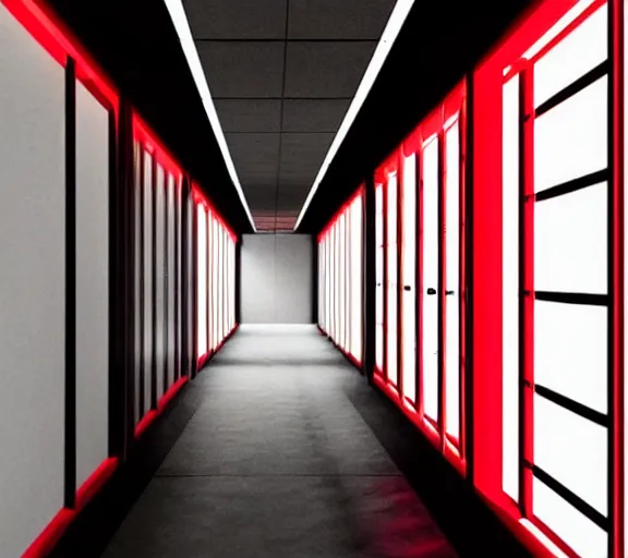 Image similar to spooky photo of a dark infinite hallway with open lit doorways all the way down, dramatic lighting, smoke, ceiling fluorescent lighting, black and red colour palette