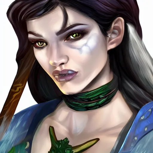 Prompt: a female dungeons and dragons ranger, upper body close - up with face, full color, vivid, realistic illustration