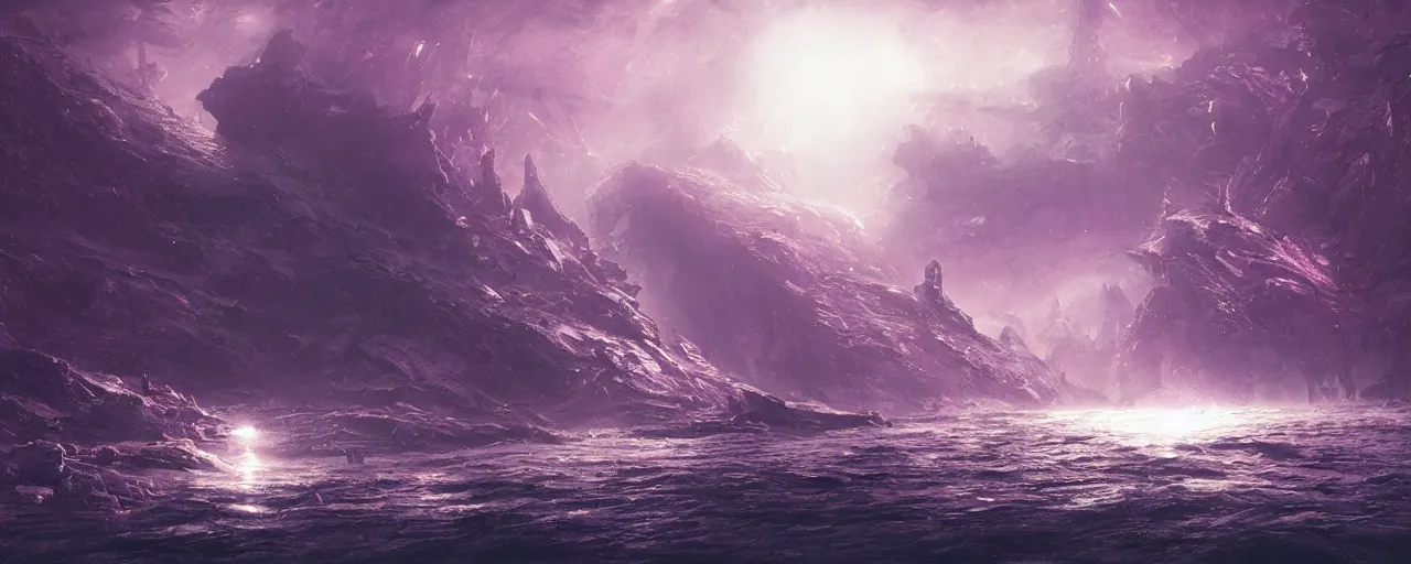 Prompt: ” underwater alien landscape, [ dark, lightshafts, cinematic, detailed, epic, widescreen, opening, establishing, mattepainting, photorealistic, realistic textures, octane render, art by slop and paul lehr ] ”