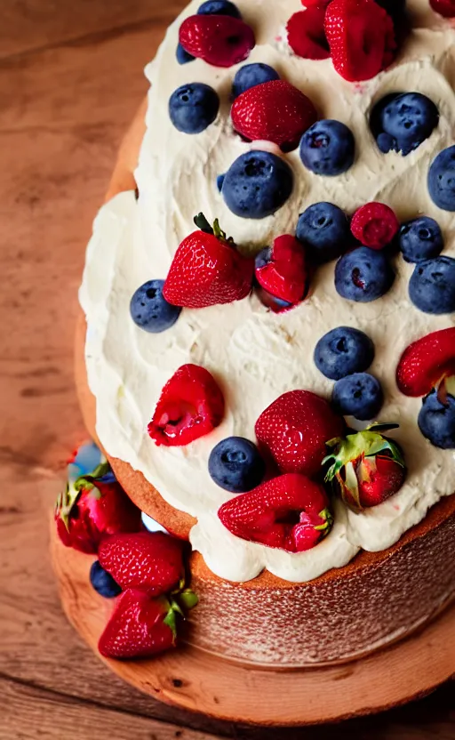 Image similar to A photo of a swedish cake from the side on a wooden table, with cream spread on the sides and strawberries, raspberries and blueberries placed in circles on top. Sunset. 4K. Cinematic lighting. High detail. Realistic. Delicious.