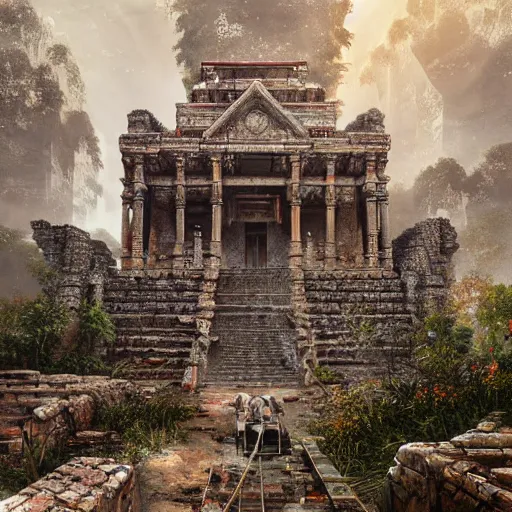 Image similar to realistic hyper detailed hardsurface modelled 3 d geometry,, tomb raider temple ruins, deep perspective, wide angle, insanely detailed and intricate,, eal, gold, silver red, sir james guthrie painting