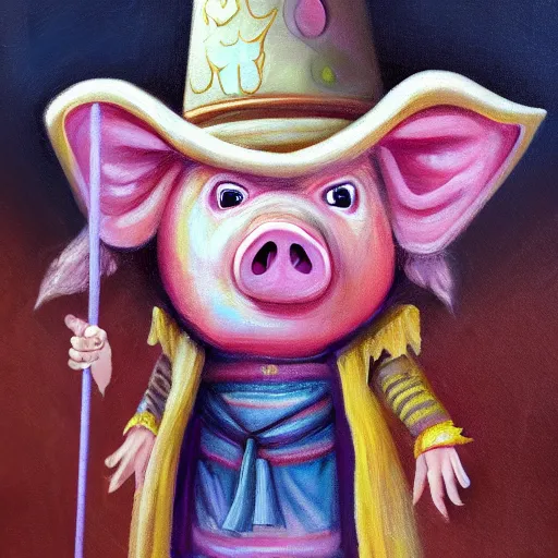 Prompt: Pig man wizard, D&D, oil painting, robes and wizard hat, magical