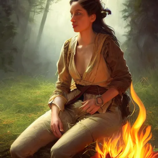 Image similar to epic portrait a scout woman sitting by campfire, beauty, pretty face, glossy skin, glowing, digital painting, artstation, concept art, soft light, hdri, smooth, sharp focus, illustration, fantasy, intricate, elegant, highly detailed, D&D, matte painting, in the style of Greg Rutkowski and Alphonse Mucha and artemisia, 8k, highly detailed, jurgens, rutkowski, bouguereau, pastoral, rustic, georgic