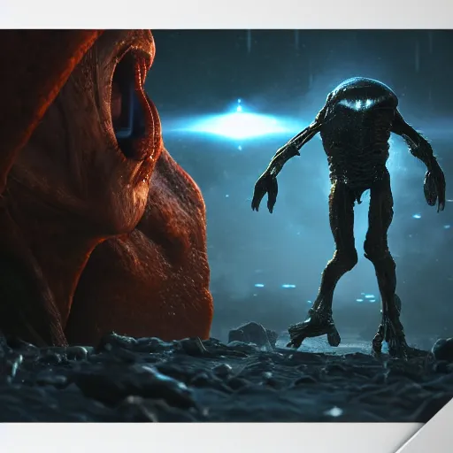 Image similar to a horrified man on a spaceship face to face with an alien from another galaxy, volumetric lighting, 8 k octane beautifully detailed render, post - processing, extremely hyper - detailed, intricate, epic composition, cinematic lighting, masterpiece, trending on artstation, detailed detailed detailed, masterpiece, beautiful cinematic light,