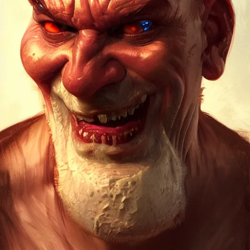 Image similar to portrait of a red bald man with black eyes and a black teeth, horror, glowing eyes, by Stanley Artgerm Lau , greg rutkowski, thomas kindkade, alphonse mucha, loish, norman rockwell. Trending on artstation detailed illustration hd 4k