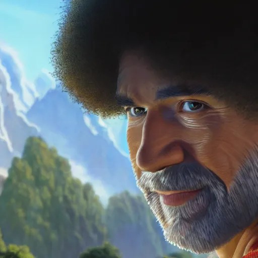 Image similar to a closeup photorealistic photograph of bob ross working on a canvas painting of superman. film still. brightly lit scene. mountains and trees. this 4 k hd image is trending on artstation, featured on behance, well - rendered, extra crisp, features intricate detail, epic composition and the style of unreal engine.