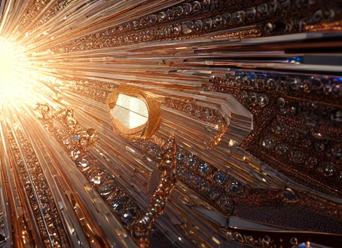 Prompt: animusic, white pearlescent, chrome, iridescent titanium, crystal, liquid gold, copper, bronze biomechanical garment, cinematic, crystalline masterpiece diamond incrustations, hyperdetailed metalwork, in volumetric soft glowing mist, movie still, octane render, pixar, crepuscular rays,
