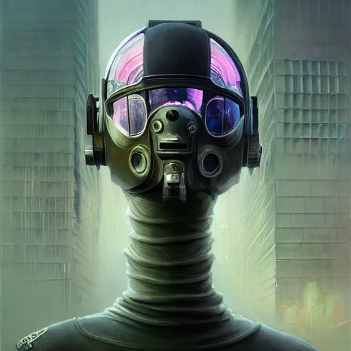 Image similar to dreary realism portrait of masked cyber punk helmet on the art deco streets of the big city, artstation, award - winning realistic sci - fi concept art by jim burns and greg rutkowski, beksinski, a realism masterpiece, muted color palette, james gilleard, bruegel, alphonse mucha, and yoshitaka amano