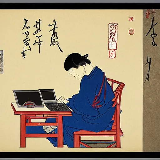 Prompt: a guy typing in a computer, by Hokusai