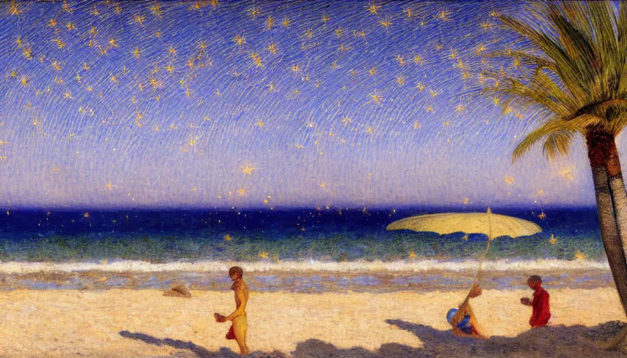 Prompt: a ultradetailed beautiful painting of meteor seen from a beach, by jules bastien - lepage, tarsila do amaral, frank weston and gustave baumann, beach, trending on artstation, mediterranean, palm trees, sharp focus, colorful refracted sparkles and lines, soft light, 8 k 4 k