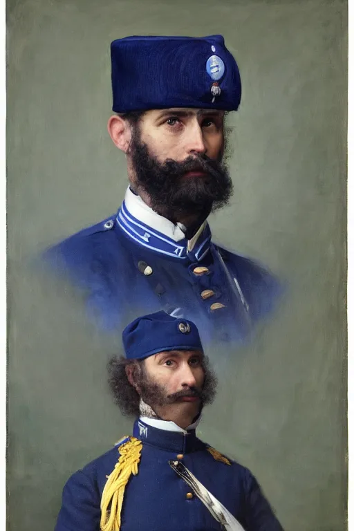 Image similar to battle portrait of the dictator of the minnesota timberwolves, 1 8 8 9, in full military garb, midnight blue, lake blue, aurora green, moonlight grey, oil on canvas by william sidney mount, trending on artstation
