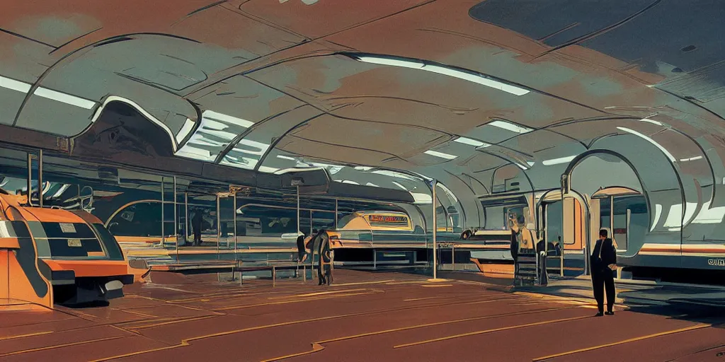 Image similar to retrofuturistic train station by syd mead and ron cobb