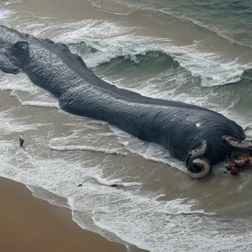 Prompt: CNN news footage taken from above. A huge creature is washed up on the beach.