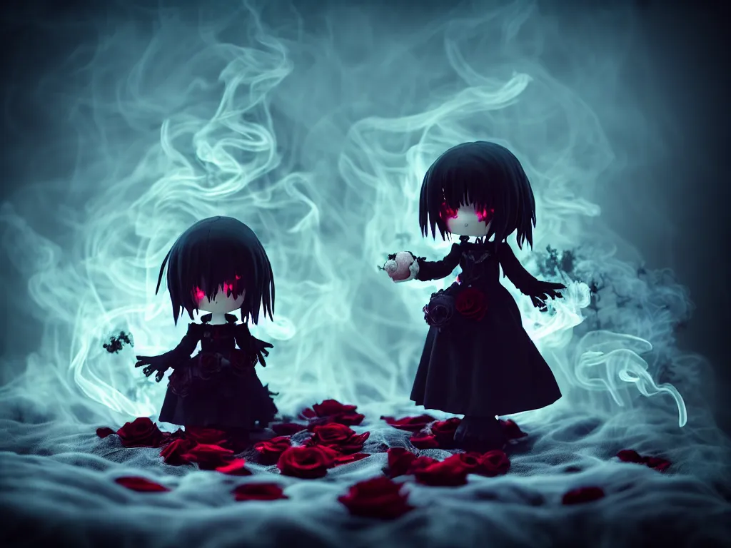 Image similar to cute fumo plush of a gothic maiden girl clutching lots of decayed roses, stale twilight, swirling vortices of emissive smoke and volumetric fog over the river, bokeh, vignette, vray