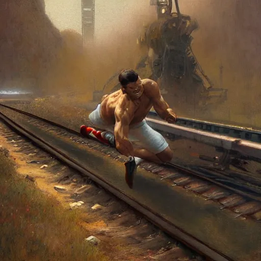 Image similar to cinematic painting of qwop!!!!!!!!!!!!!!!!! running down the track by gaston bussiere, craig mullins, j. c. leyendecker, kinetic, motion, athletic, running