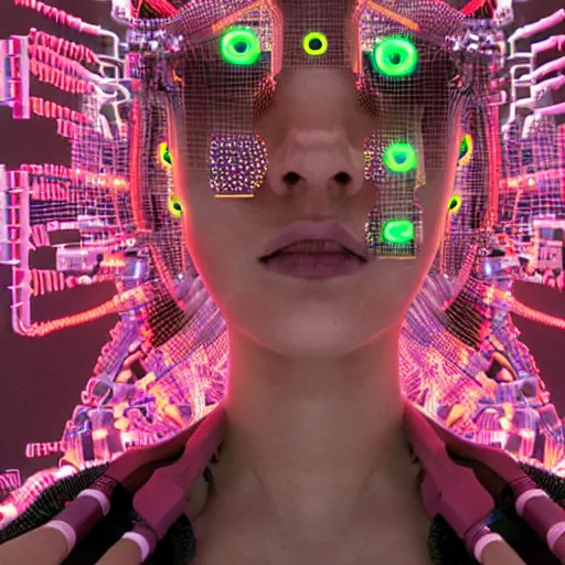 Image similar to swimming through a pile of modular synth cables, empathy machines, to see a kawaii puerto rican goddess staring through the mothership of your souls, wearing a headpiece made of circuit boards, by alastair reynolds and stanley kubrick, pink, trending on artstation, cinematic, 3 d render, photorealistic