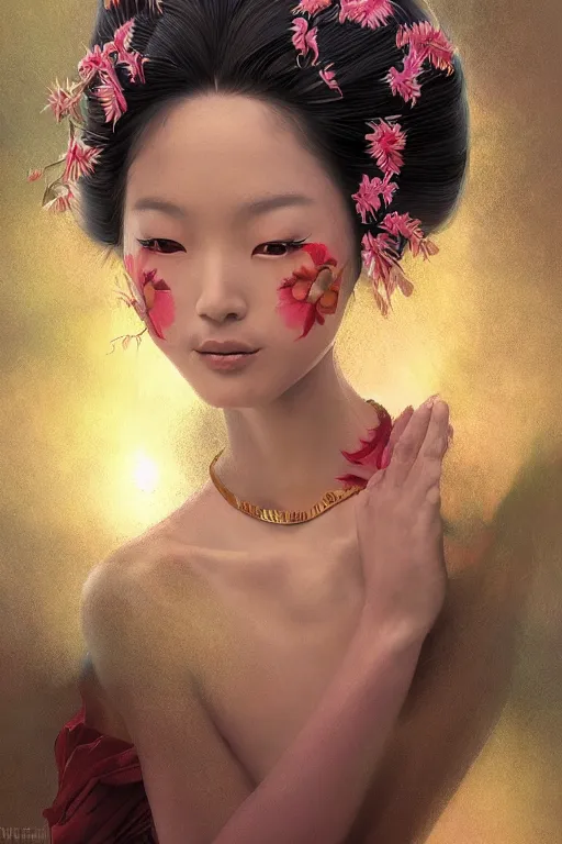 Image similar to stunningly beautiful, peruvian geisha prima ballerina in jungle, symmetrical face, golden hour, smooth, focus, highly detailed, hyper realistic, dramatic lighting, elegant, intricate, concept art, art by wlop, mars ravelo, greg rutowski, artstation