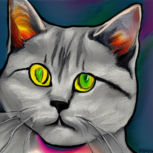 Image similar to oil painting portrait of a grey british shorthair cat fully body playing the piano with colorful abstract background with musical notes digital art concept art 4 k