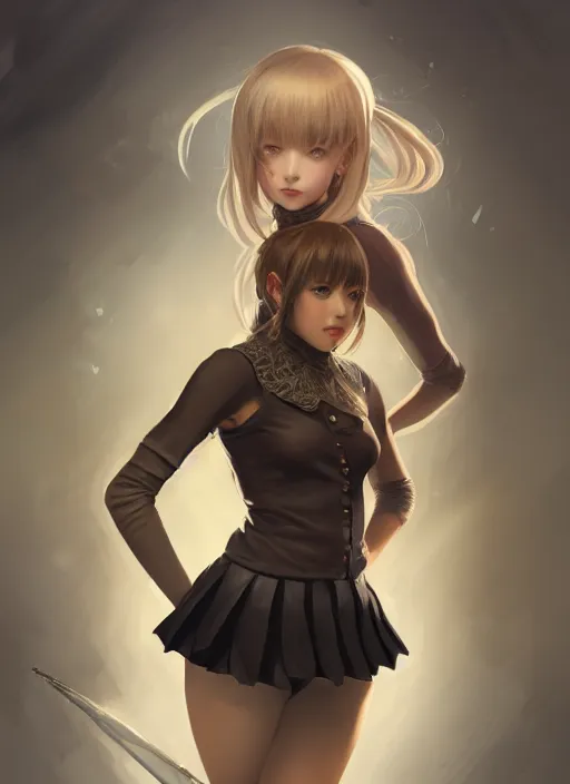 Image similar to portrait of a full body of beautiful young female detective, d & d, sleeveless turtleneck, pleated skirt, fantasy, flat lighting, intricate, highly detailed, digital painting, artstation, concept art, smooth, sharp focus, illustration, misa amane, art by simon bisley and greg rutkowski and alphonse mucha, natural tpose