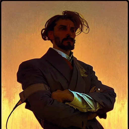 Prompt: portrait of a vicotrian man in suit by alphonse mucha, simon stalenhag and darek zabrocki, cinematic and atmospheric, concept art, artstation, trending on artstation