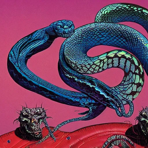 Image similar to snake wrapped around the earth, gerald brom and andy warhol, cosmic horror