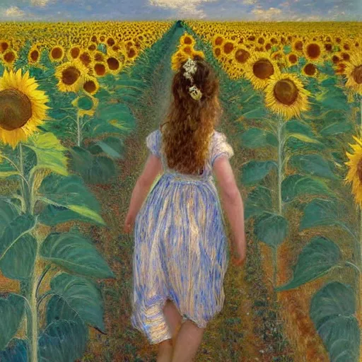 Image similar to a girl in amazing tall sunflower field, her hair flowing down, subtle, intricate details, real masterpiece, impressionist painting, by gustave caillebotte